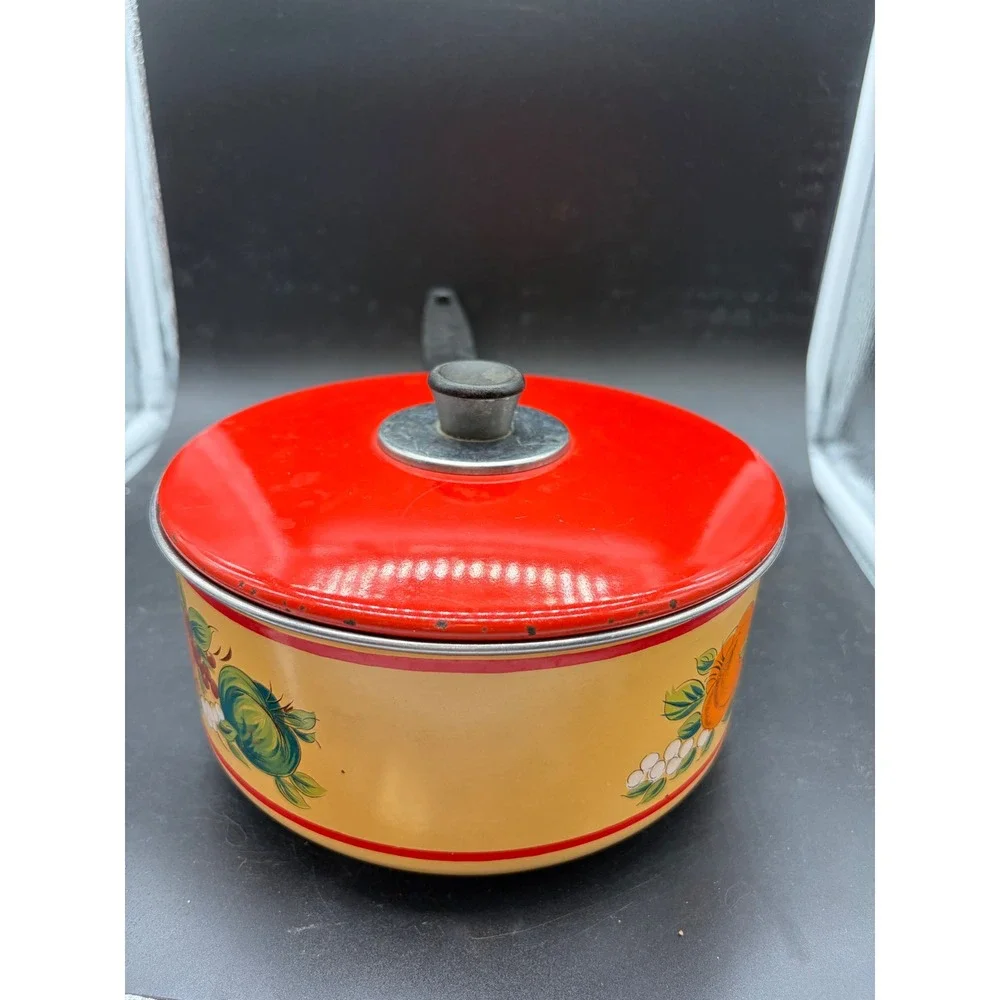 Vintage Enamelware Saucepan with Red Lid‎ Fruit Floral Motif Yellow Pot